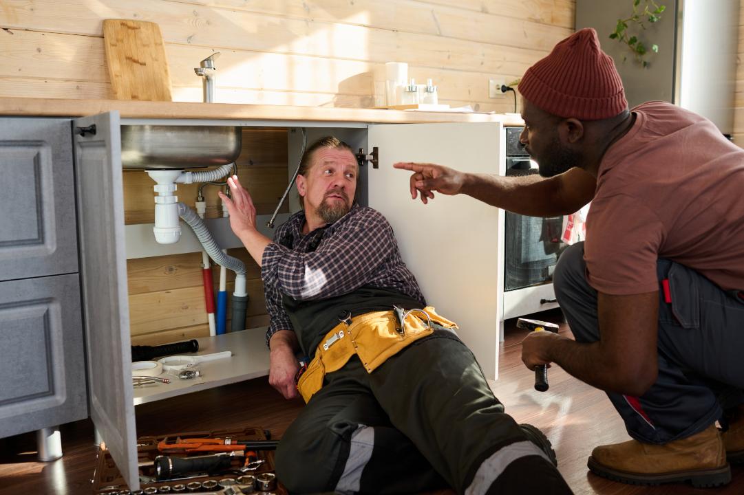 Two plumbing workers coordinating beside exposed under-sink drain pipes